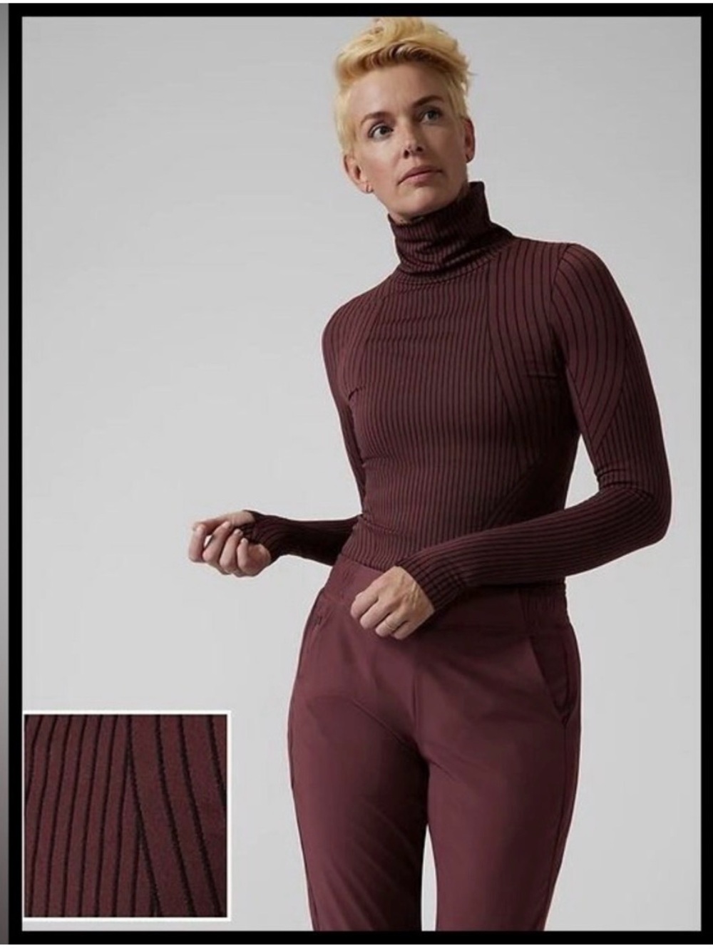 Athleta Flurry Textures Base Layer Turtleneck Deep Burgundy black stripe